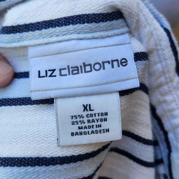 Liz Claiborne Striped Button-Up Blouse White Blue Pocket Square Cotton Blend - Picture 14 of 16